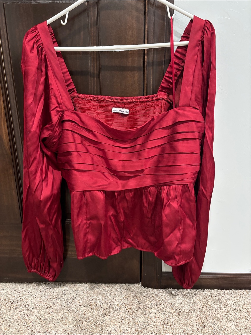 Abercrombie & Fitch Red Satin Pleated Peplum Blouse